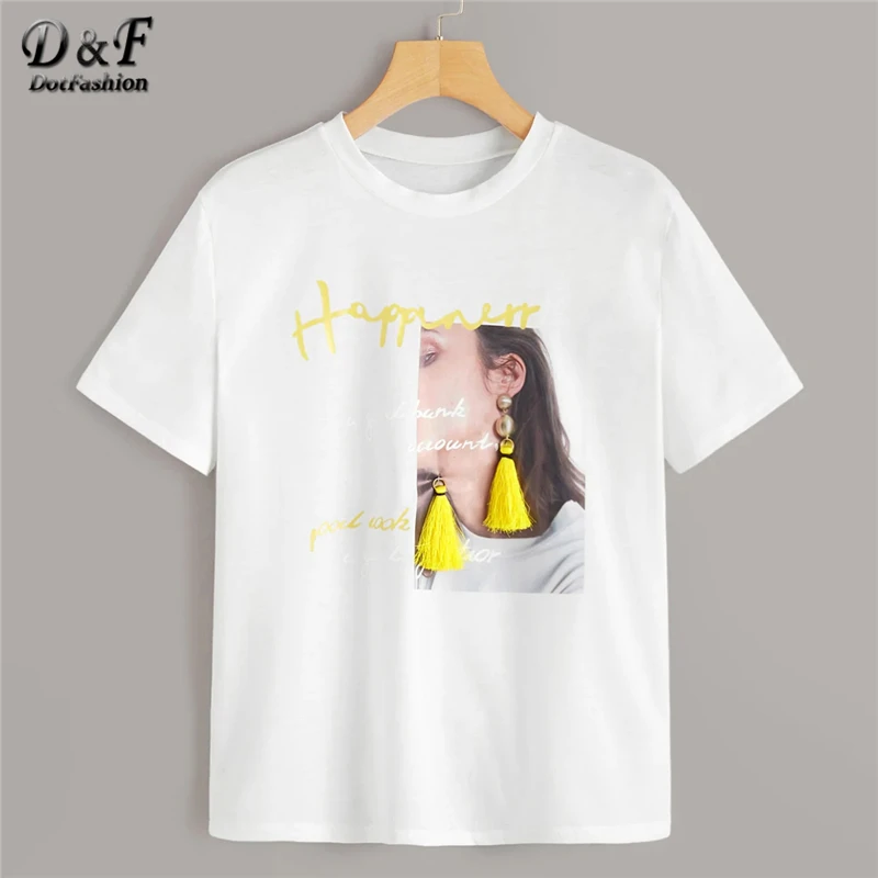 Dotfashion, белая футболка с кисточками спереди и фигурным принтом, женская уличная футболка, Летние повседневные женские топы, футболка с коротким рукавом