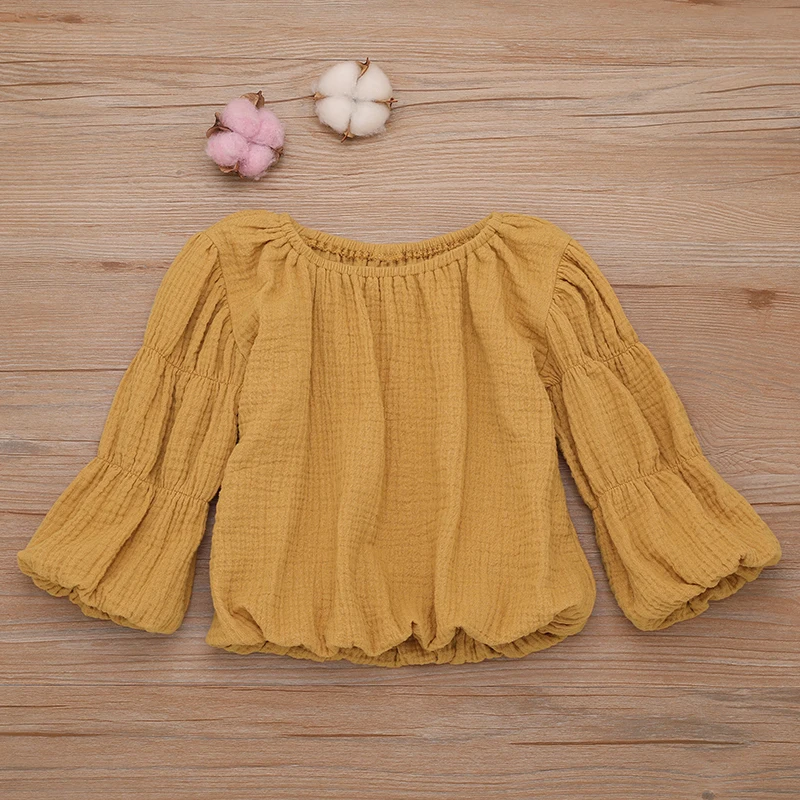 Детская блузка для маленьких девочек; коллекция года; Осенняя Однотонная рубашка с длинными рукавами и круглым вырезом для новорожденных; пуловер; От 1 до 6 лет