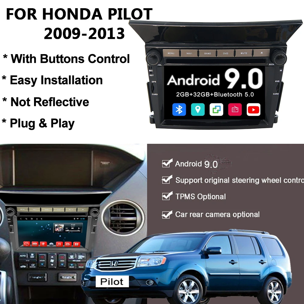 

YAZH Android 9.0 Car GPS Navigation Radio Stereo Bluetooth for Honda Pilot 2009 2010 2011 2012 2013 with DVD Multimedia Player