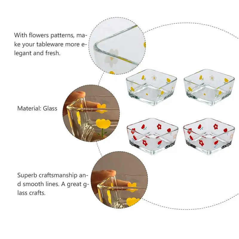 4pcs Glass Bowls Multifunction Salad Bowl Square Fruit Vegetable Bowl Home Kitchen Gadget Eco-Friendly Noodle Snack Dish Plate