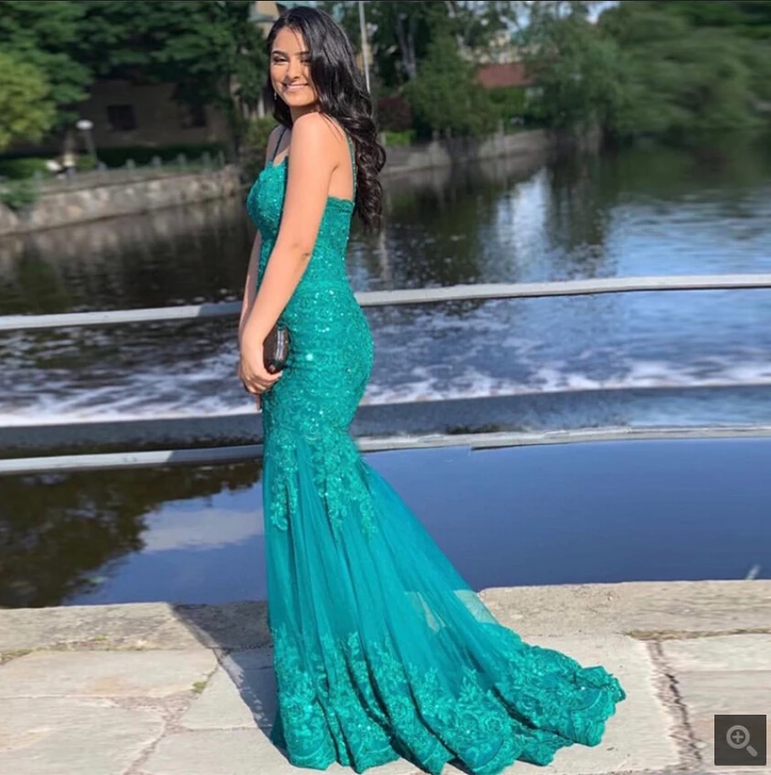 Vestido de festa платье Русалка на бретельках платья для выпускного вечера темно-зеленые кружевные аппликации Бисероплетение Длинные женские платья для выпускного вечера горячая распродажа