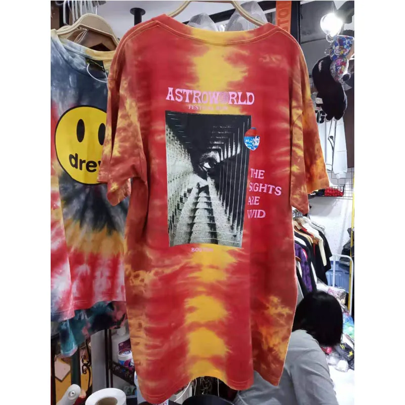 【Real Pictures Labels】ASTROWORLD T Shirt Men Women TRAVIS SCOTT T shirts Red TIE DYE Festival Run Logo Tee