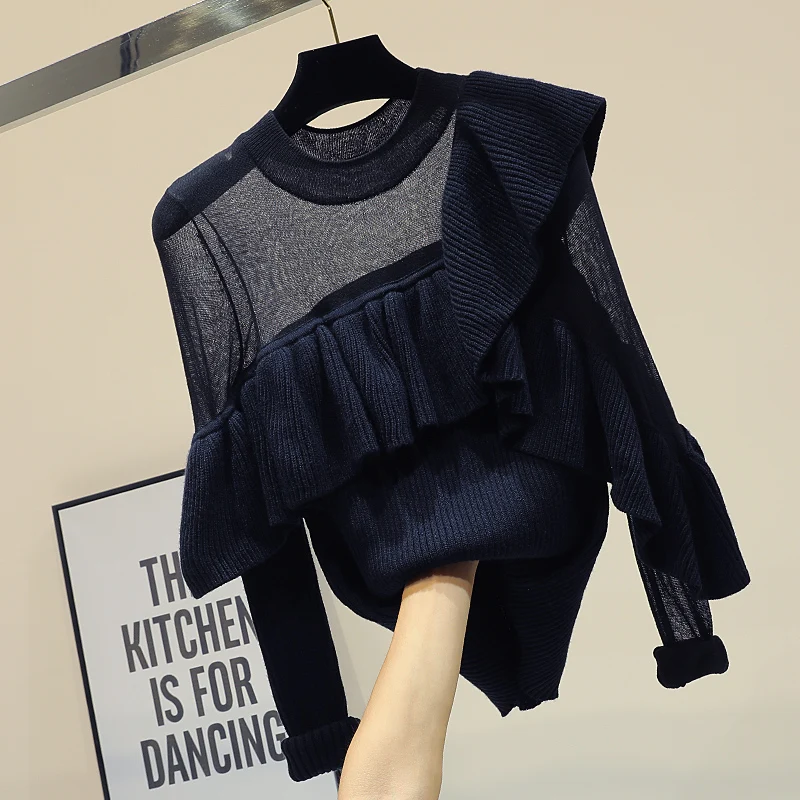 

Pullover Sweater Women's Slim-Fit 2020 Spring Autumn New Korean-Style Sweater Ruffles Sweaters Ladies Black Jumper Pull Femme
