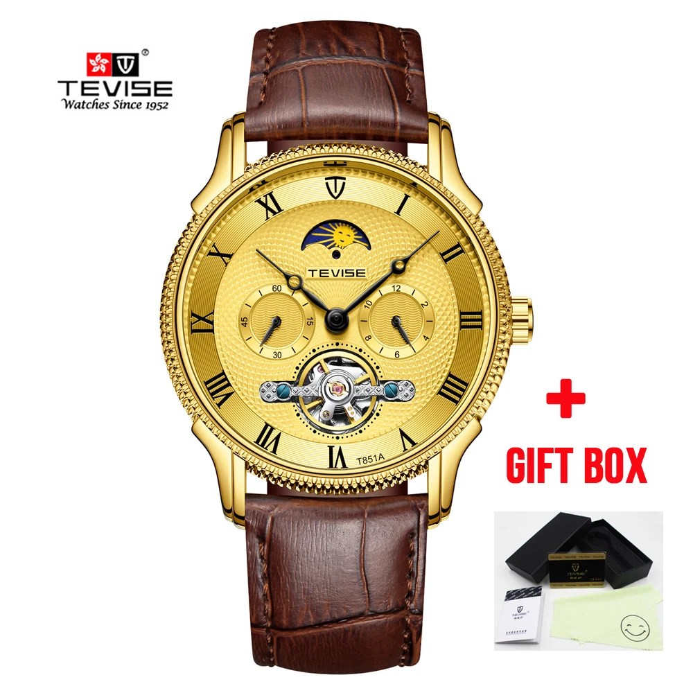 full gold TEVISE Relogio, автоматические механические часы со скелетом турбийоном, мужские наручные часы с кожаным подзаводом, Reloj Hombre, подарочная коробка - Цвет: full gold