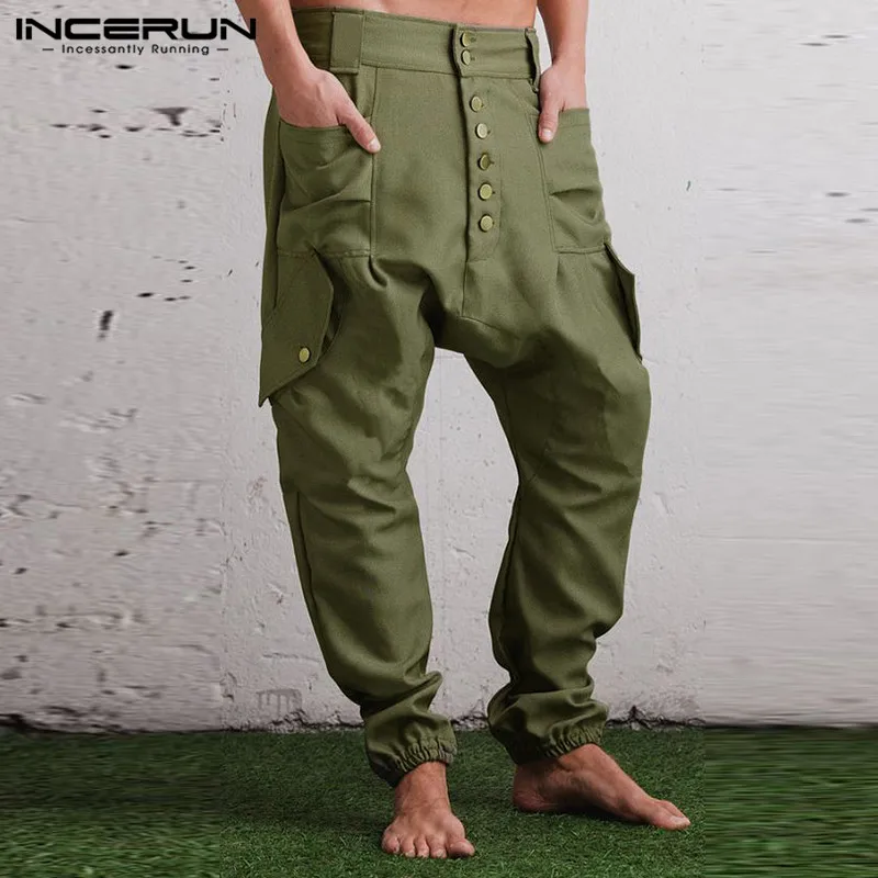 Harem Pants Trousers Men Joggers Streetwear Drop-Crotch Solid-Color Fashion Multi-Pockets