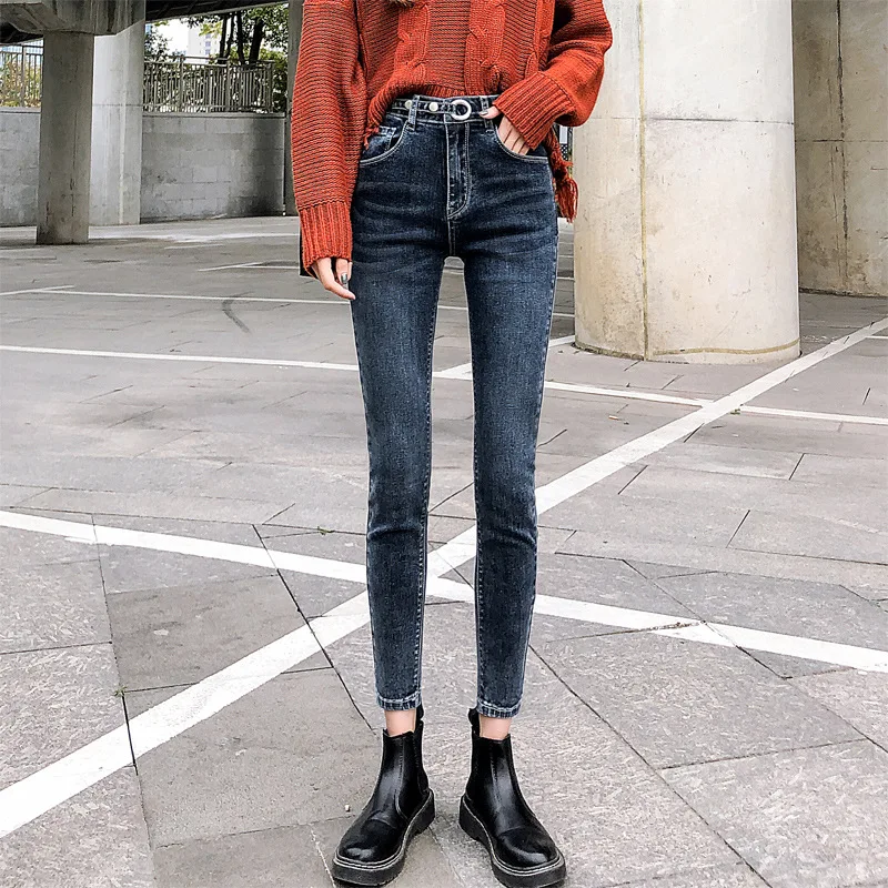 Потертые джинсы черные с высокой талией женская одежда брюки до щиколотки