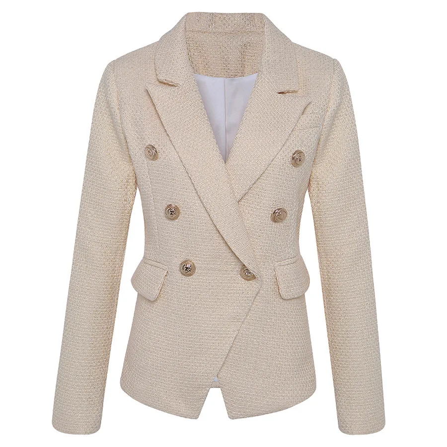 

High Quality New Designer Women Blazer Jacket Metal Lion Head Button Double Breasted Office Lady Slim Work Blazer Suit Coat