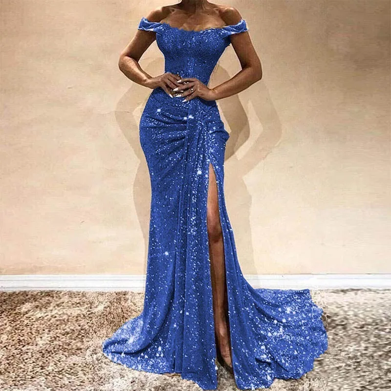 Платье S-2XL, большой размер,, сексуальное, с открытыми плечами, с длинным рукавом, с блестками, в пол, вечерние, макси, светоотражающее платье, Vestdios - Цвет: Blue Short Sleeve