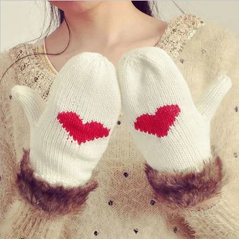

Women Winter Red Heart Black White Gloves Famale Thicken Warm Cashmere Knitted Wool Full Finger Mittens