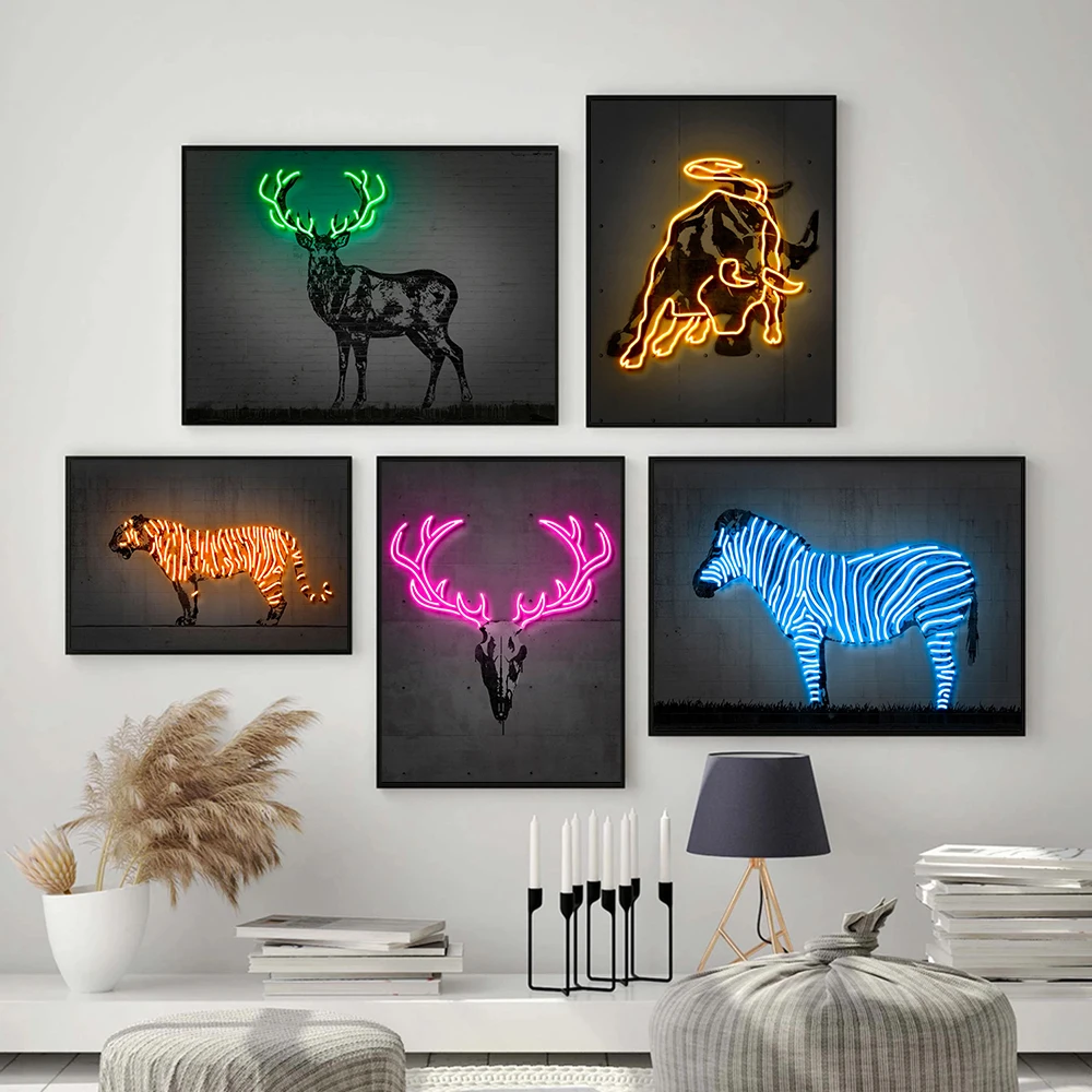 Modern Neon Animal Canvas Poster Shark Zebra Tiger Bull Deer Skull Print Painting Nordic Kid Bedroom Bar Wall Art Pictures Decor