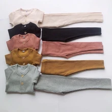 Одежда для маленьких мальчиков и девочек, Детский комплект в рубчик с длинными рукавами, детская осенне-зимняя одежда, пижамные комплекты, штаны комплект из 2 предметов для малышей