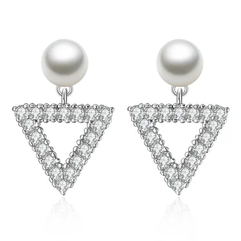 

S925 Sterling Silver Stud Earrings New Classic Boutique Jewelry Triangle Inlaid Pearl Zircon Earrings
