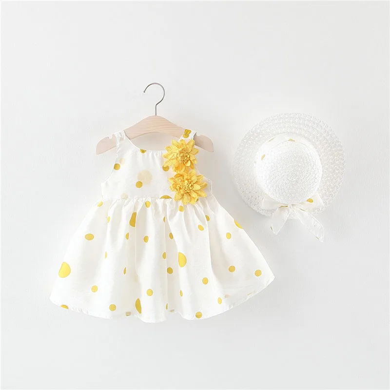 Платье для маленьких девочек с бантом и шляпой; комплект одежды из 2 предметов; Хлопковое платье с принтом для дня рождения и крещения; платье принцессы; Infantil Vestido