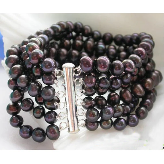 

Unique Pearls jewellery Store 6row 8mm Black Round Freshwater Cultured Pearl Bracelet Charming Women Jewelry Gift
