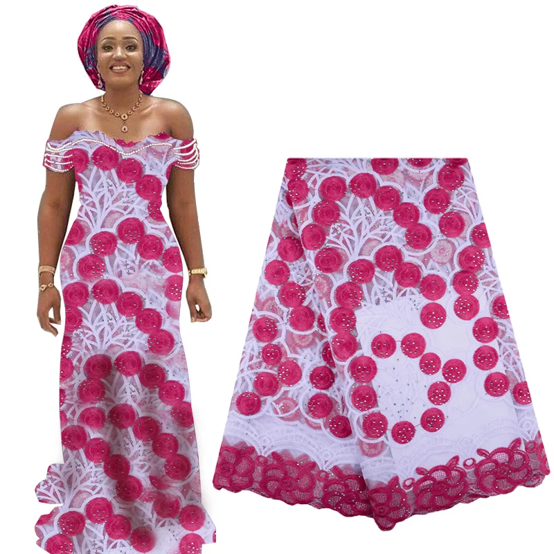 

2019 Latest African Lace Fabric Embroidery High Quality Cord Lace with Stones Nigerian French Tulle Lace Fabric For Woman