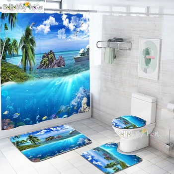 

3D Magical Underwater World Fabric Waterproof Shower Curtain Bathroom Curtains Set Small Island Coconut Tree Non-Slip Rug Toilet