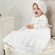 Комплект с платьем для крещения, с шапкой, длинное кружевное платье для крещения, белое платье для новорожденных, одежда для крещения, одежда для крещения
