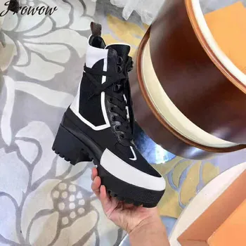 

ProwowNew Genuine Leather Gladiator Lace Up Ankle Boots Round Toe Sexy Platform Thick Heel High Heel Boots zapatos Mujer