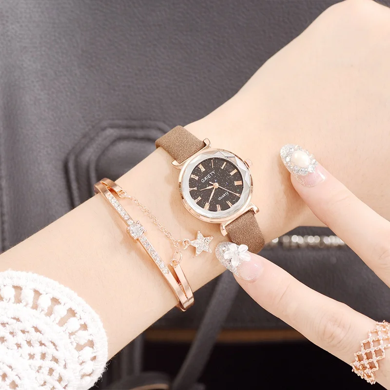 Brown With Bracelet Бренд Gaiety, 2 шт., женские часы, браслет, набор, звездное небо, женские часы-браслет, повседневные кожаные кварцевые наручные часы, часы в подарок, Reloj - Цвет: Brown With Bracelet