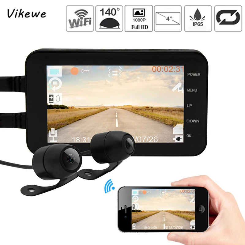 4-дюймовый видеорегистратор для мотоцикла, Wifi камера FHD 1080 P, водонепроницаемая видеорегистратор с двумя объективами, фронтальная камера зад... 4-дюймовый видеорегистратор для мотоцикла, Wifi камера FHD 1080 P, водонепроницаемая видеорегистратор с двумя объективами, фронтальная камера зад...