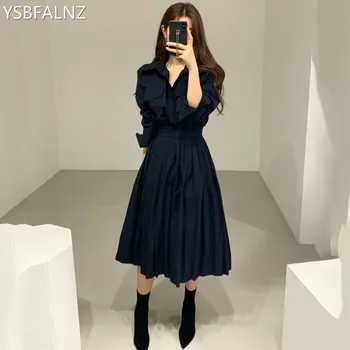 

Spring Fashion Pleated Lace-Up Single-breasted Maxi Dres Female Elegant Chic Women 2020 All-Match Autumn Lapel A-Line Ssukienka