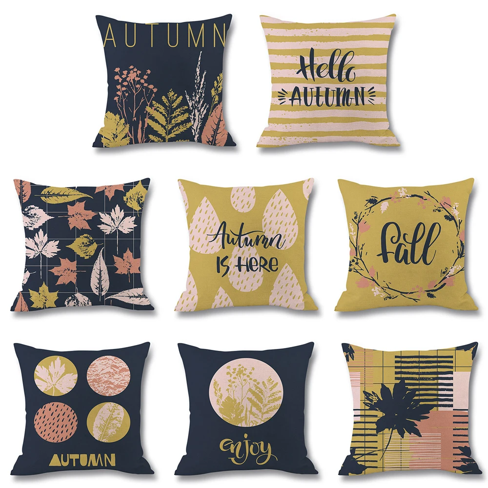 

Autumn Fallen Fashion Simple Linen Pillow Case Cushion Cover Leaf and Letter Combination Pattern Print Car Pillow Case