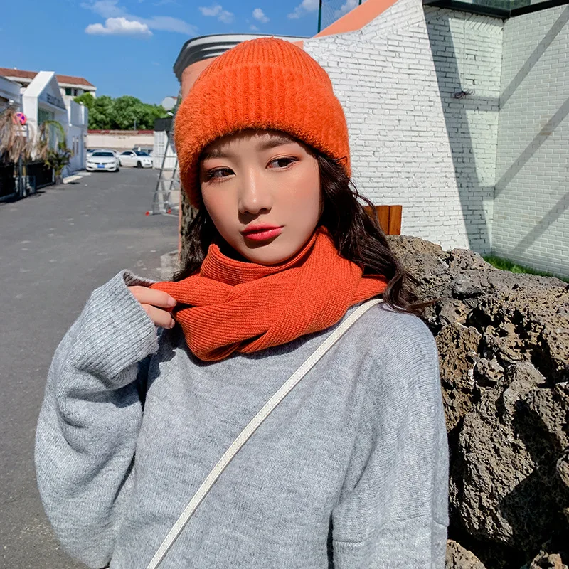 orange set Женские шапочки зимняя женская шапка шапочки для девочек Skullies тёплая шапка женская шапка вязаная шапка оптом - Цвет: orange set