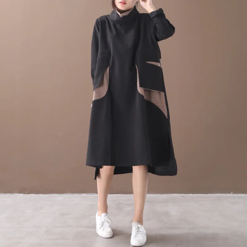 Новинка 2020 зимнее свободное удобное лоскутное платье с карманами и высоким