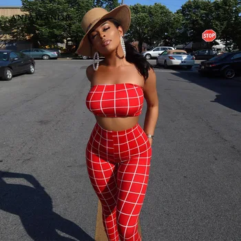 

ANJAMANOR Red Plaid Print 2 Two Piece Set Tube Crop Top and Pants 2020 Summer Club Outfits Sexy Women Clothing Plus Size D16BH27