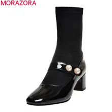 MORAZORA/; Лидер продаж; Модные ботильоны из натуральной кожи; осенне-зимние женские ботинки на среднем каблуке с квадратным носком; большие размеры 34-42