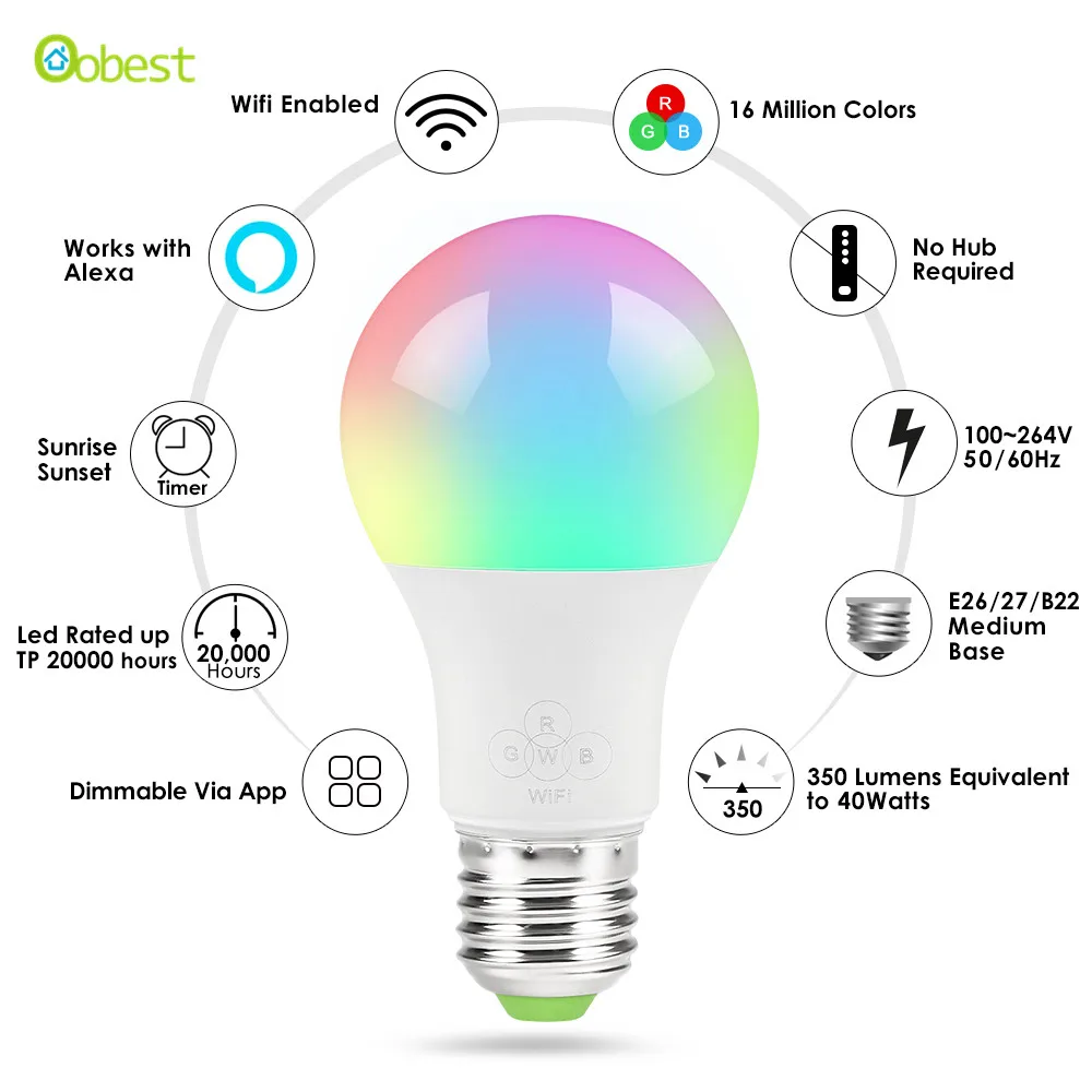 E27 wifi-патрон, умный свет лампы, затемнения, многоцветный, пробуждение света, RGBWW светодиодный светильник, совместимый с Alexa и Google Assistant BTZ1