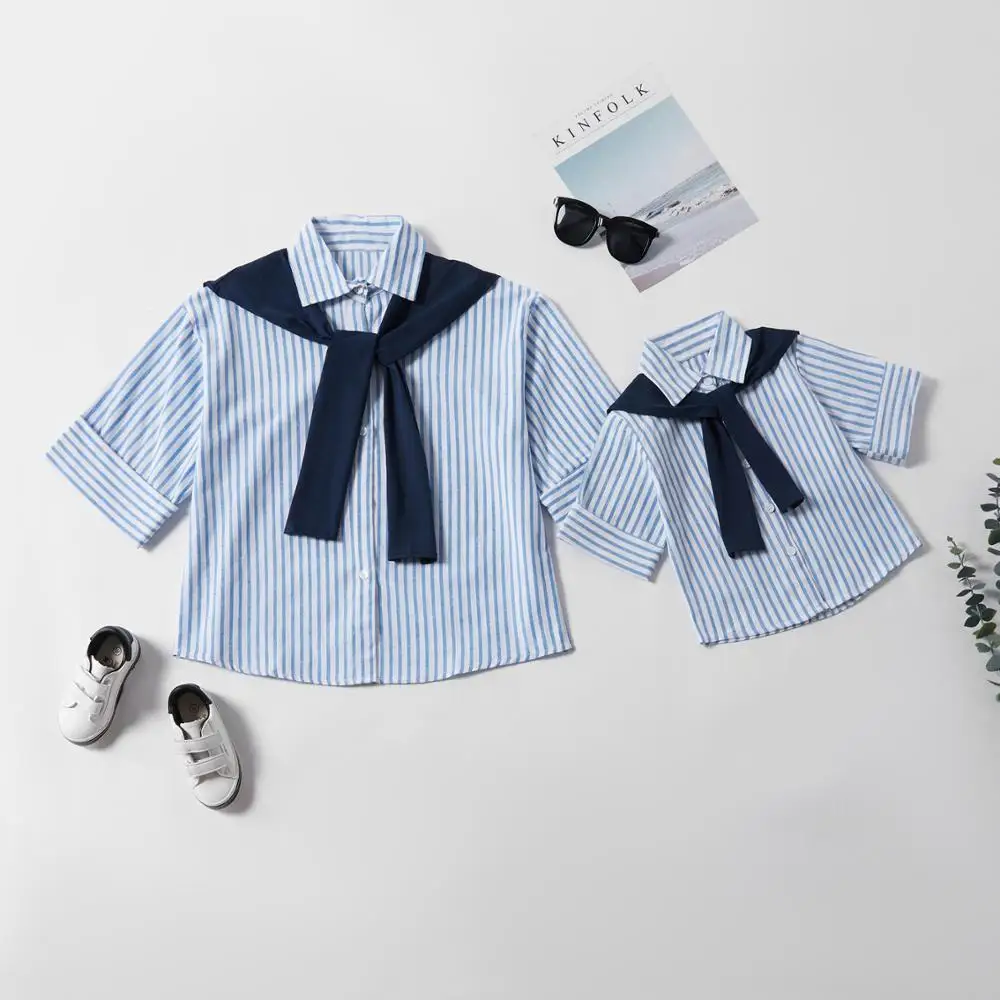 

PatPat 2020 New Summer and Spring Navy Tie Striped shirts for Mom and Metallic Matching Outfits Mommy and Me Tops
