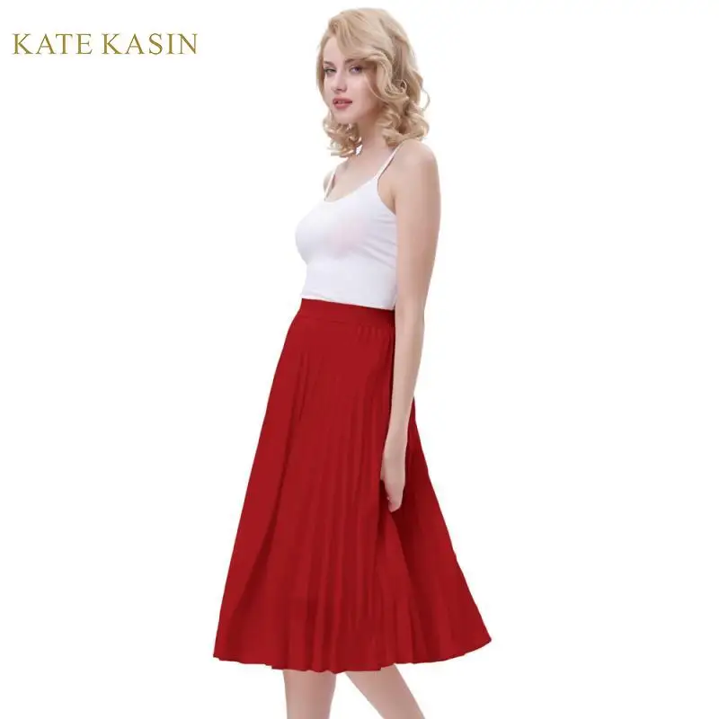 Kate Kasin модная женская плиссированная однотонная длинная эластичная юбка с высокой талией, винтажные Элегантные повседневные вечерние длинные юбки для девушек