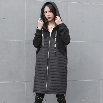 

LANMREM 2020 Autumn And Winter Hooded Cotton Suit Long Section Fashion Loose Warm Jacket Solid Color Stitching Wild PB878