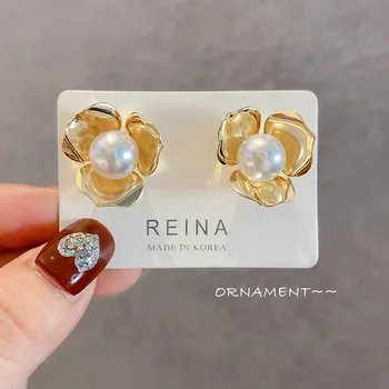 

S925 Needles South Korea INS Normcore Style Light Luxury High Grade Sense of Three-Dimensional Flower Pearl Earrings Super Fairy