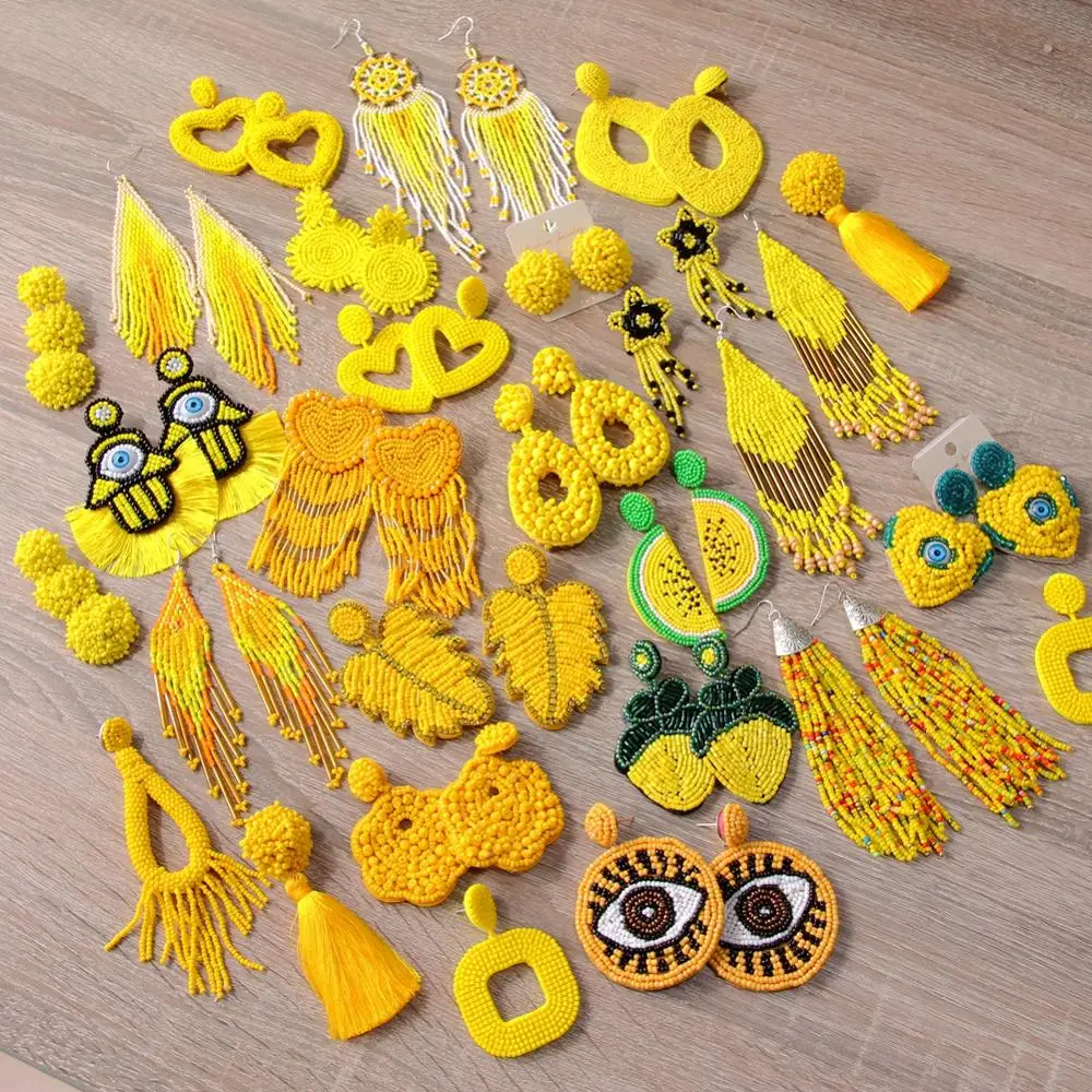Серьги-подвески ROYALBEIER в богемном большой размер с бисером желтые серьги-кисточки
