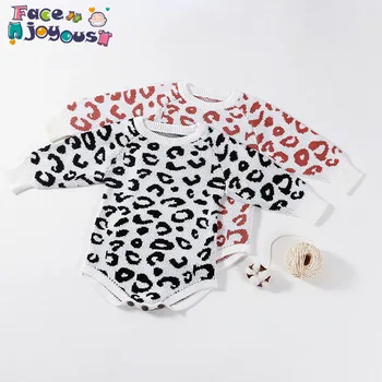 

2019 Autumn Baby Girl Toddler Leopard Knitted Romper Outwear Girls Knit Rompers Toddler Infant Sweater Winter Clothes