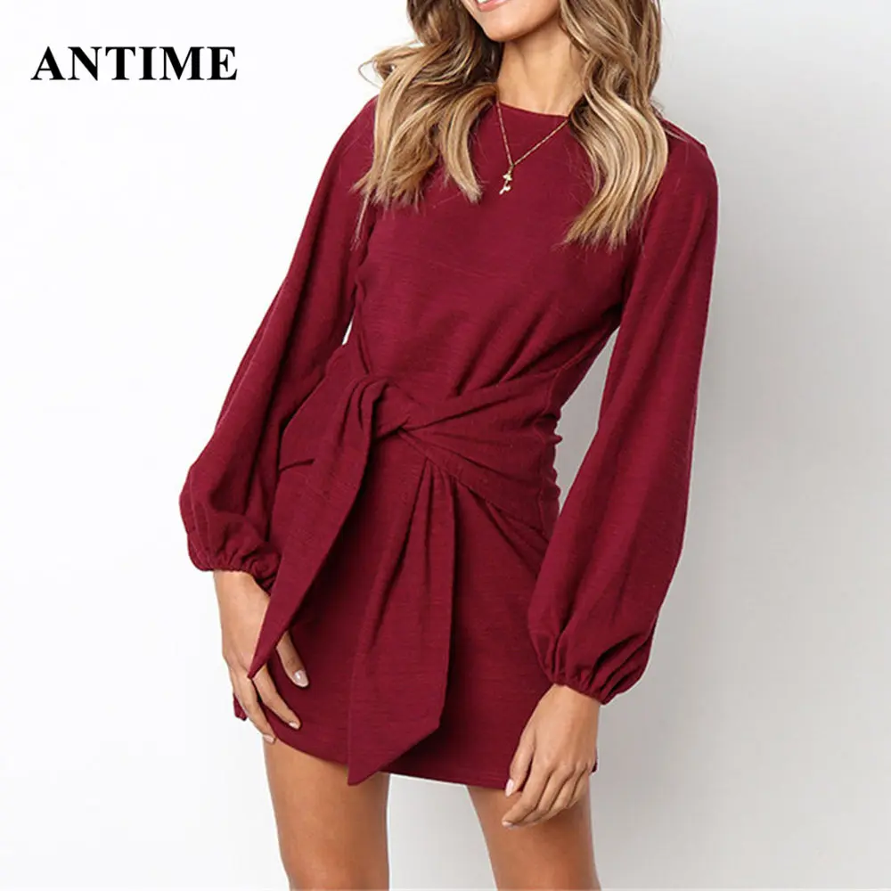 Antime/осенне-зимнее модное мини-платье со шнуровкой, повседневное однотонное платье с круглым вырезом и фонариком, с длинным рукавом, женские белые, красные, зеленые платья, Vestidos