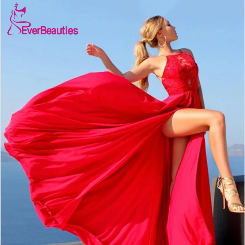 

A-line Red Elegant Long Evening Dress V Neck 2020 Chiffon Prom Party Side Split Halter Simple Vestidos De Festa Robe De Soiree