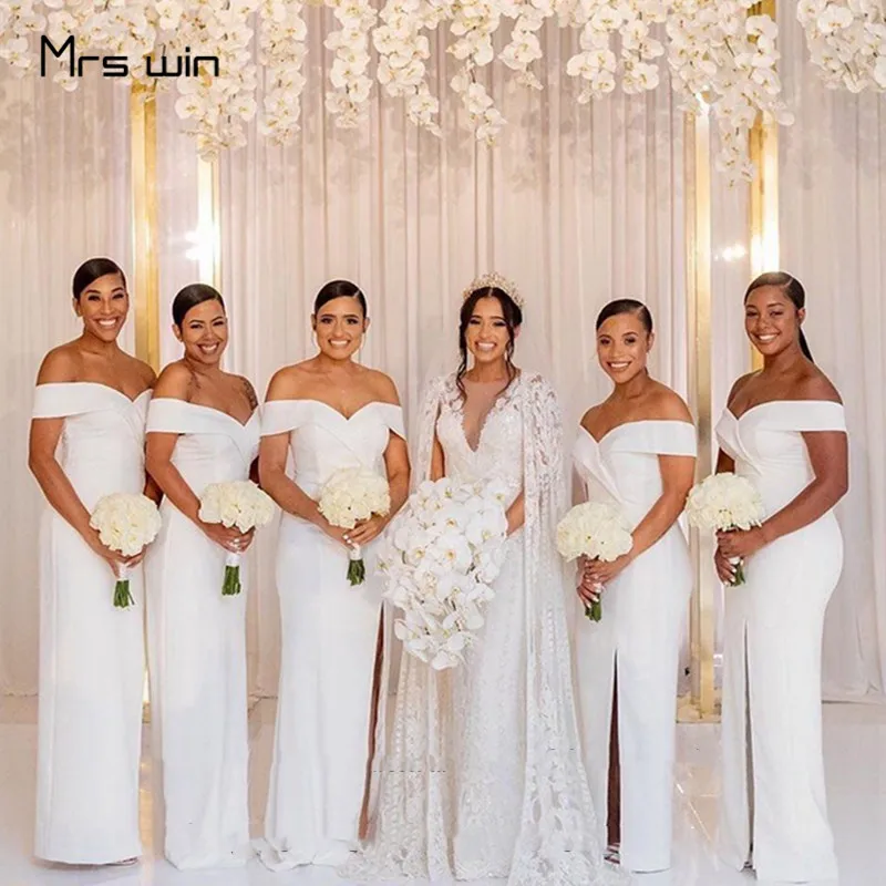 Mrs win, платье подружки невесты, белое, с открытыми плечами, элегантное, Vestido Madrinha, сексуальное, с разрезом, с вырезом лодочкой, размера плюс, свадебные платья для гостей HR321