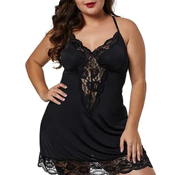 

Plus Size M To 4XL Fat Cute Women Sleepwear Lace Lingerie Deep V-Neck Night Gowns Sleeveless Nightdress Seductive Lady Intimates