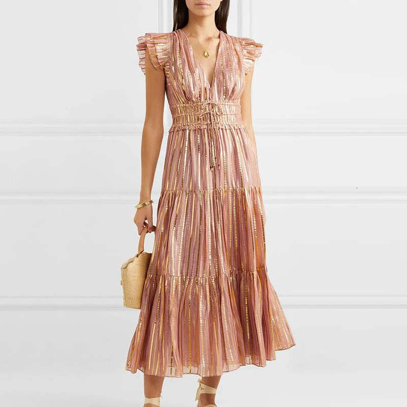 800.jpg TWOTWINSTYLE Sexy Striped Women Dress V Neck Butterfly Sleeve High Waist Lace Up Tunic Ruched Winter Dress Fashion Clothing New