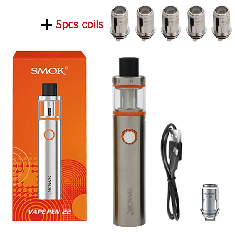 Silver and 5 coils Smok Vape Pen 22 комплект со встроенным аккумулятором 1650 мАч Vape Pen 22 резервуар Ом двухъядерный светодиодный электронная сигарета испаритель - Цвет: Silver and 5 coils
