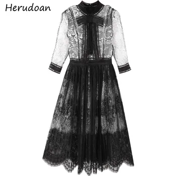 

Herudoan Fashion Runway summer Lace Long Dress Women Stand collar Bow Mesh Patchwork Hollow Out Sexy Party Dresses Vestoidos