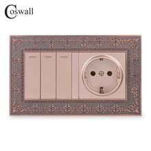 Coswall, металлическая панель из цинкового сплава, настенная розетка стандарта ЕС+ 3 комплекта, 2 способа включения/выключения, переключатель через светильник, тиснение, Ретро рамка
