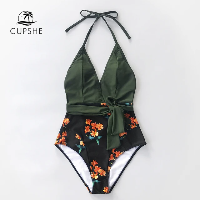 US $14.34 CUPSHE Green and Black Floral Halter One-Piece Swimsuit Women Sexy V-neck Backless Monokini 2020 Be