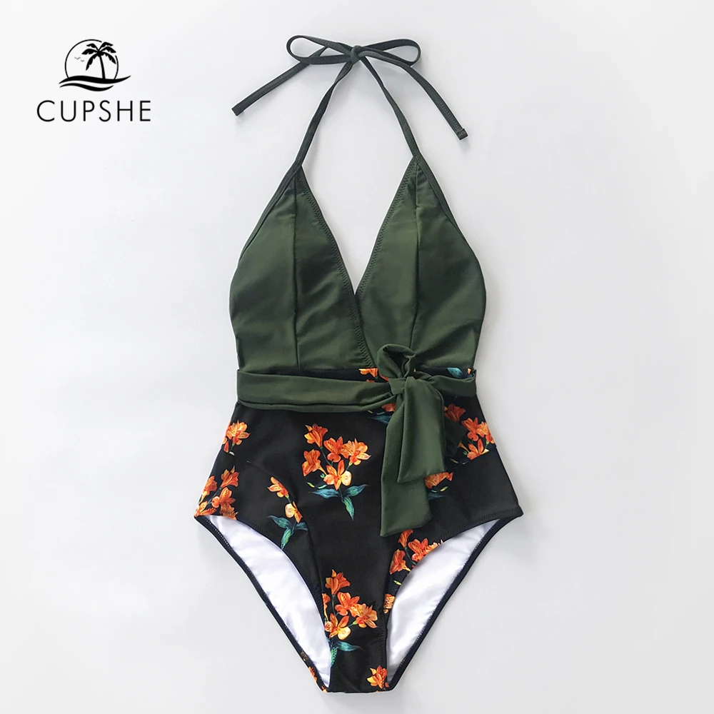 Goedkoop Cupshe Groene En Zwarte Bloemen Halter Een Stuk Badpak Vrouwen Sexy V hals Backless Monokini 2020 Strand Badpak Badmode