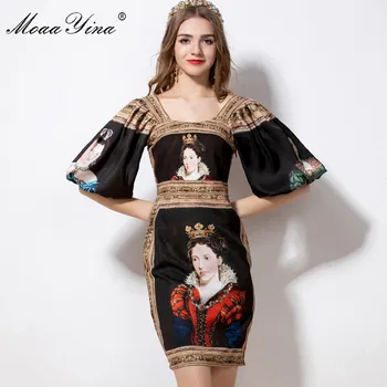 

MoaaYina Fashion Designer dress Spring Summer Women's Dress Lantern Sleeve Vintage Queen oil painting Print Slim Dresses