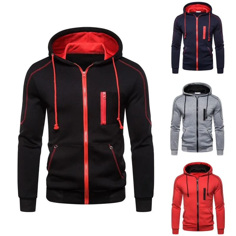 

2020 Winter Color Blocking Stitching Hoodie Casual Sports Zipper and Pocket Man Hoodies Sweatshirts Large Size M-3XL