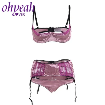 

Ohyeahlover Lace Stitching Bra Lingerie Set Open Bust Satin Lenceria Garterbelt Women Erotic Hollow Out Bow Ropa Mujer RL80396